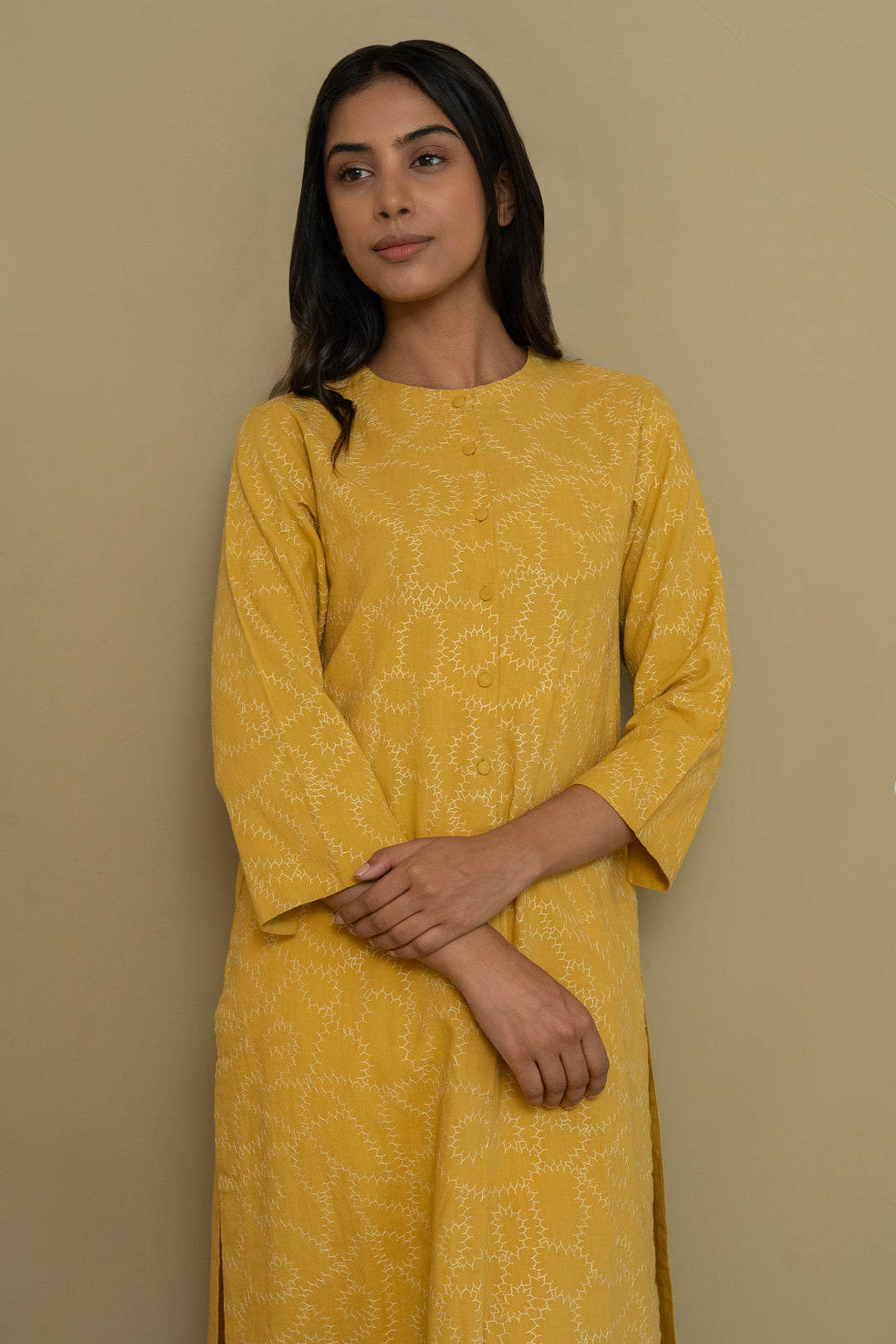 Mustard embroidered cotton kurta