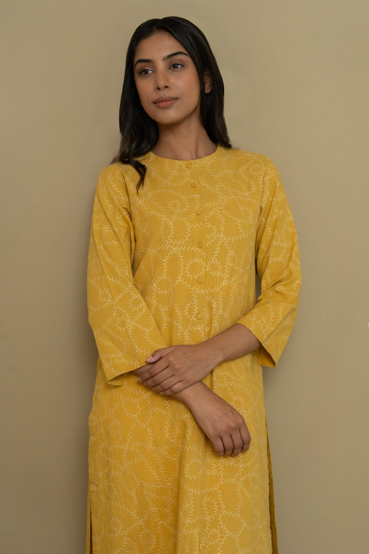 Mustard embroidered cotton kurta