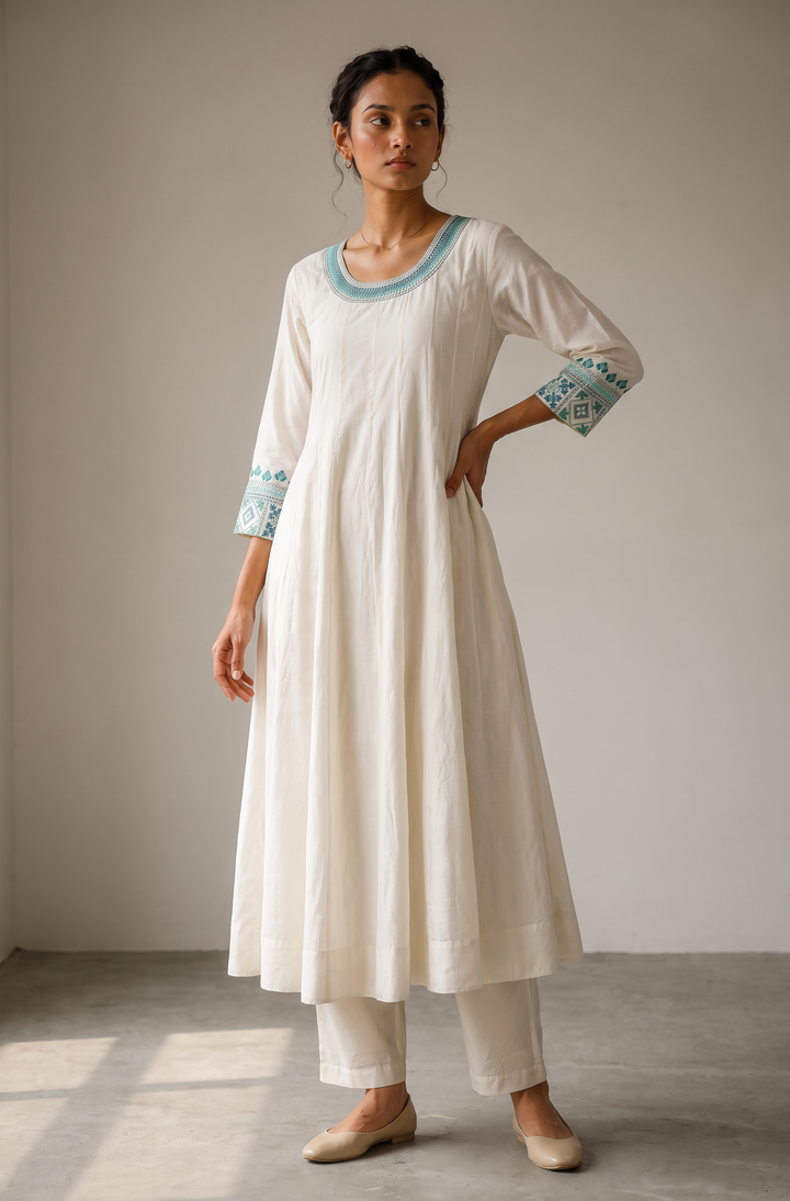 Off White & Teal Embroidered Cotton Silk Kurta Set