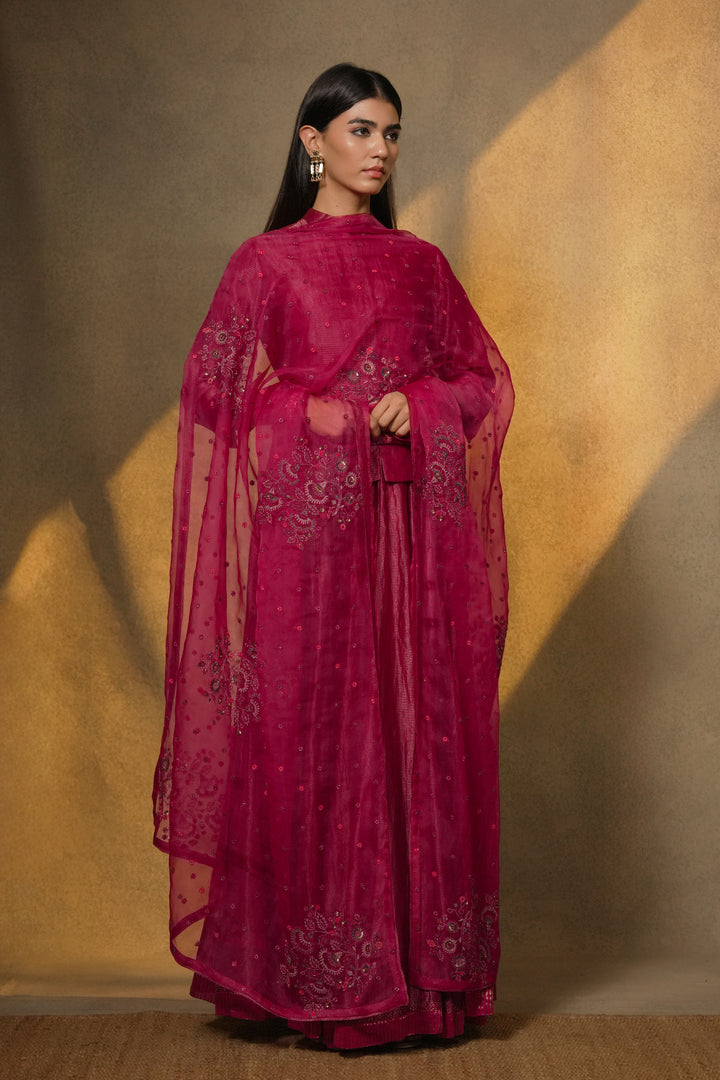 Magenta Pink Hand Embroidered Tissue Lehenga Set