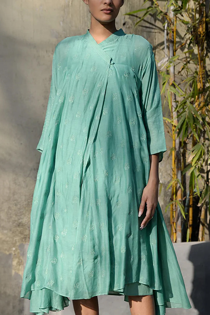 JADE GREEN THREAD EMBROIDERED MUSLIN CHOGA