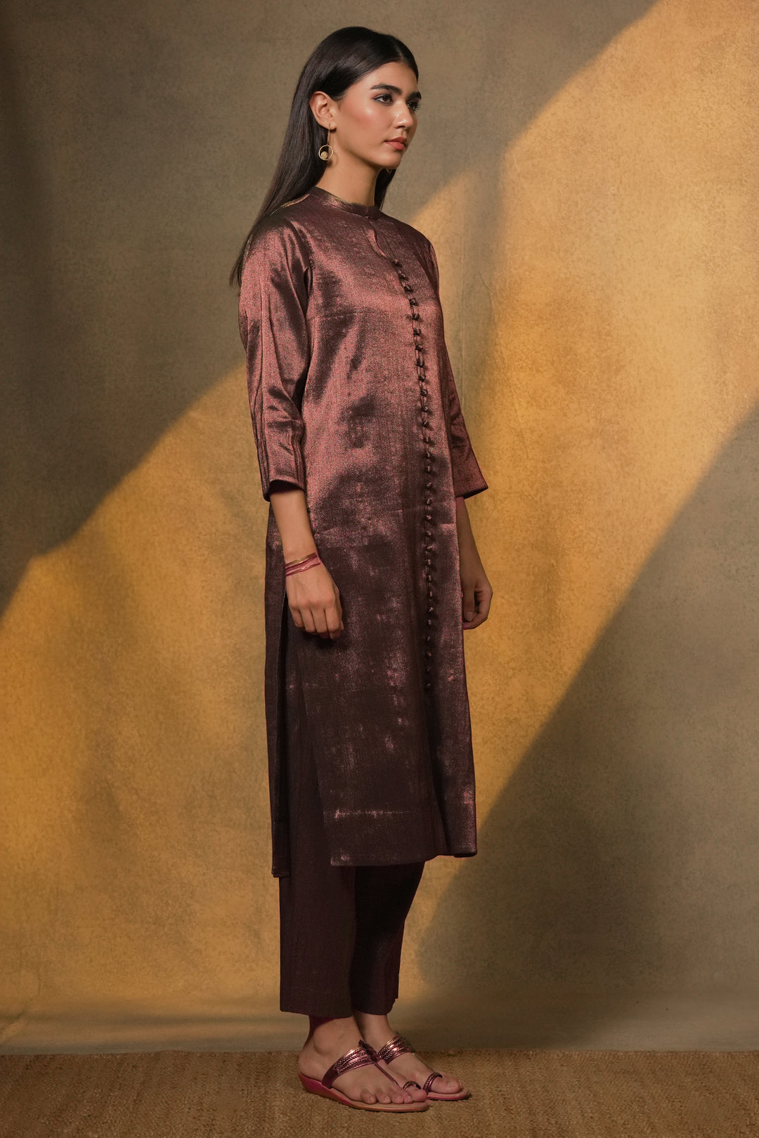 Plum Tissue Kurta with Pants and Velvet Dupatta