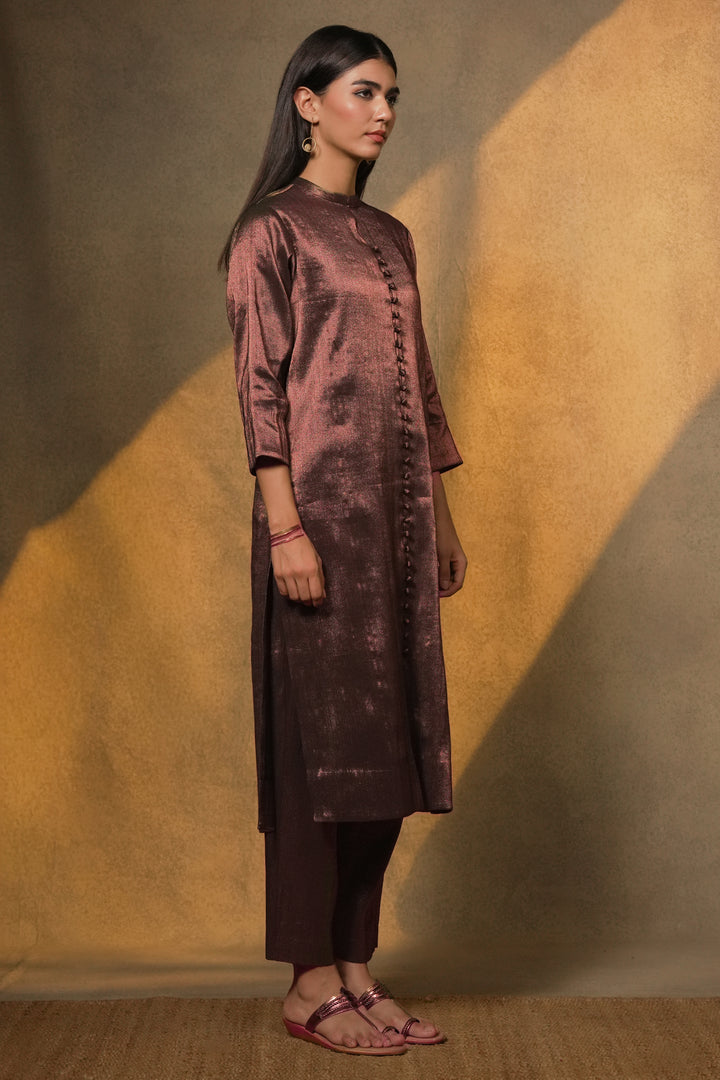 Plum Tissue Kurta with Pants and Velvet Dupatta