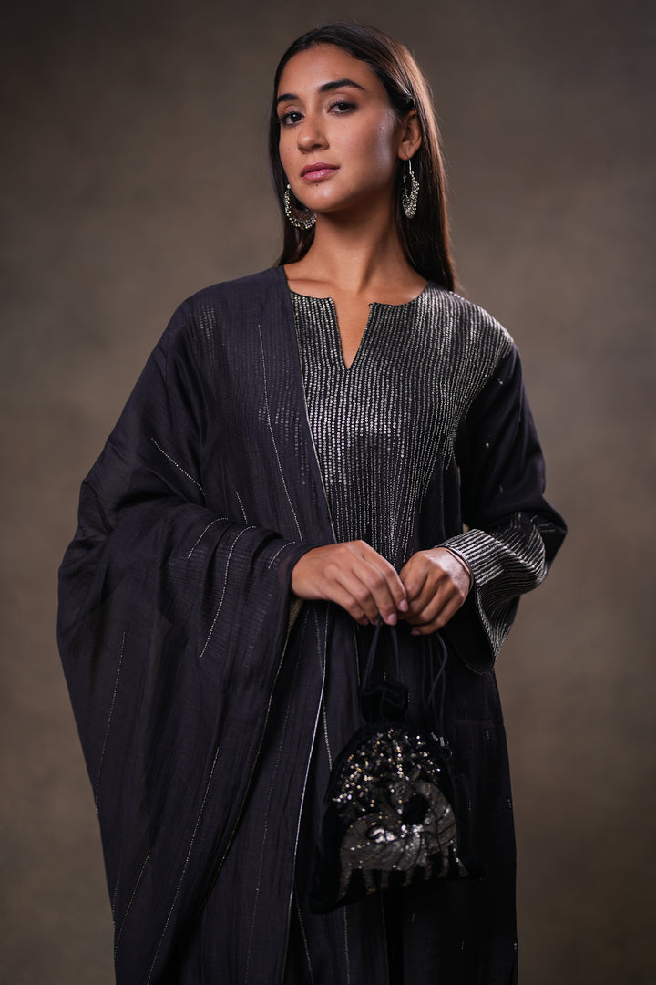 Black Hand Embroidered Silk Kurta with Pants and Dupatta