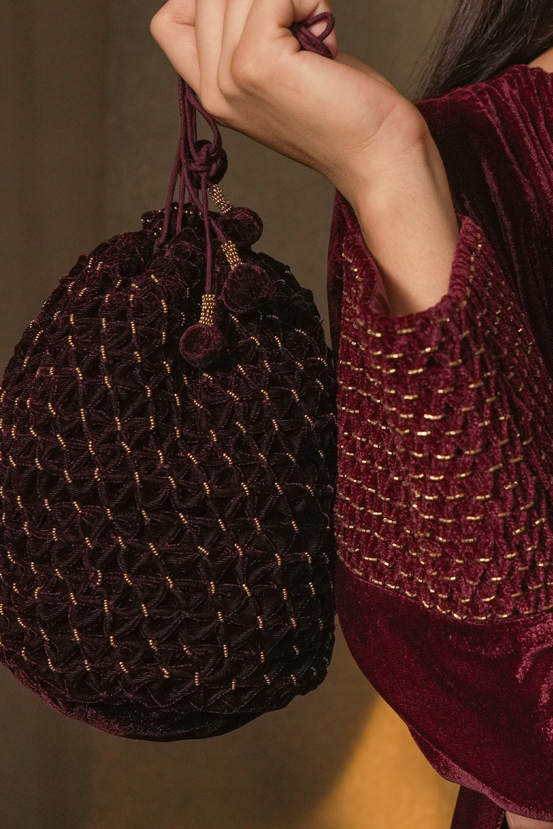 Plum Hand Embroidered Velvet Potli