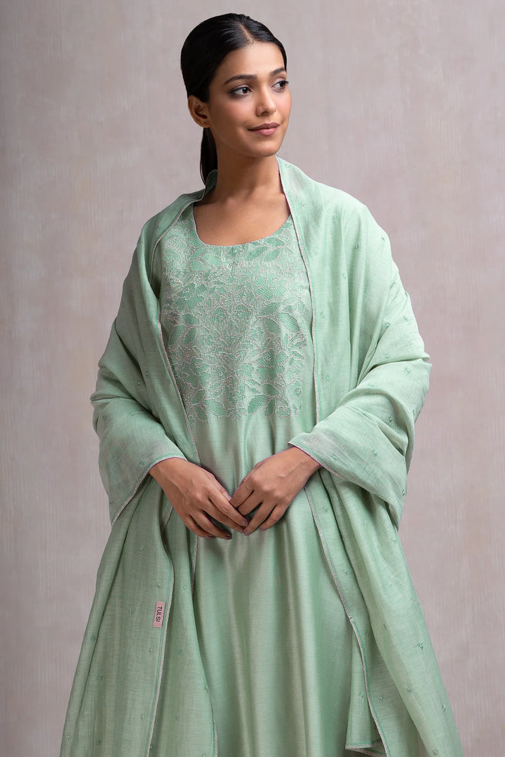 Mint Thread & Zari Embroidered Kurta Set with Pants & Dupatta