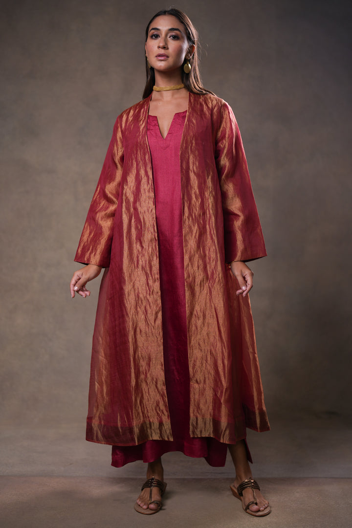 Maroon Tissue Jacket with Cotton Silk Slip