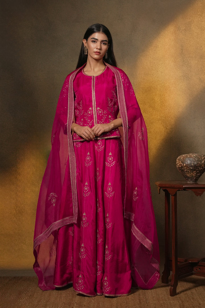 Pink Hand Embroidered Silk Lehenga with Kurti Blouse & Dupatta - Set of 3