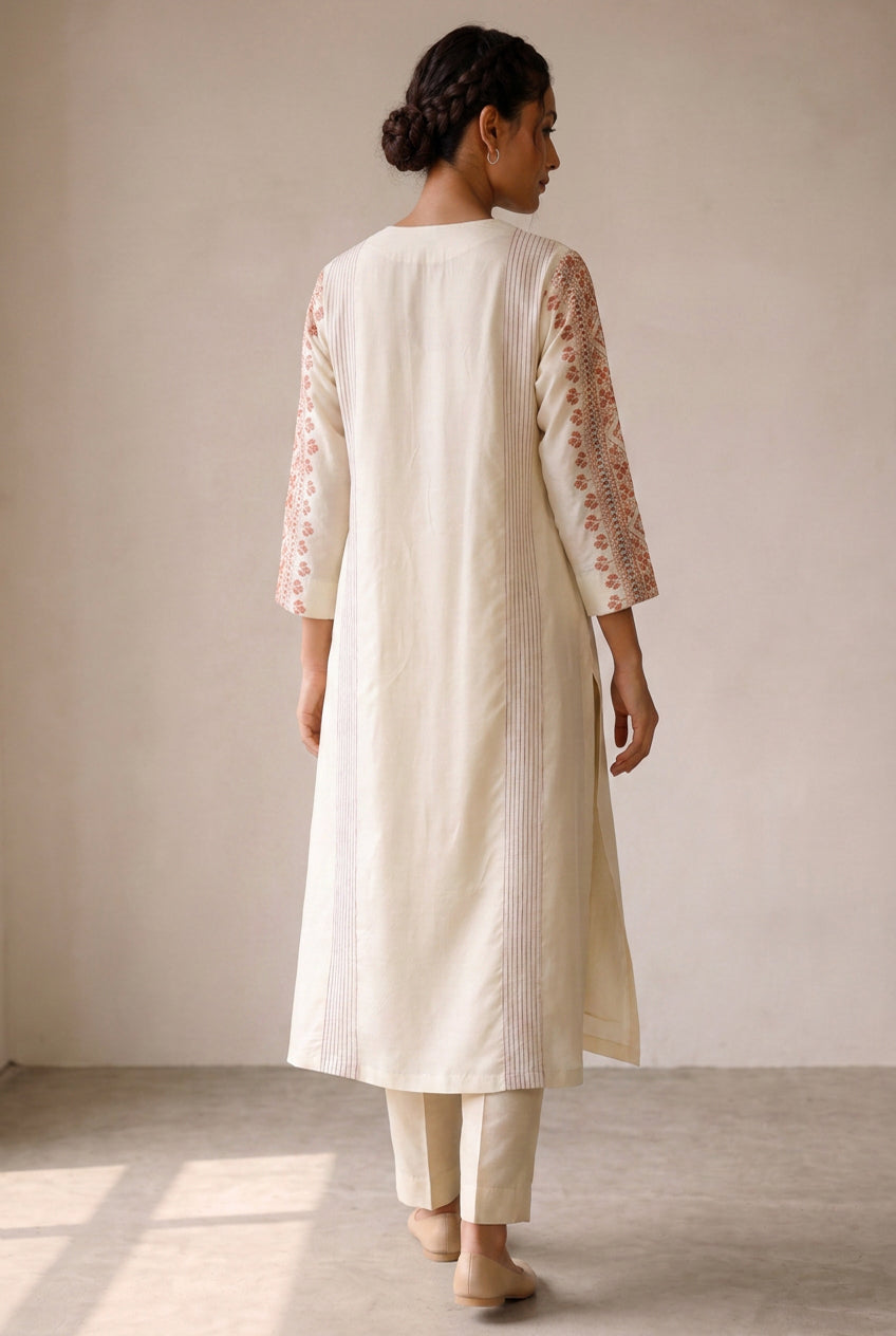 Off White & Peach Embroidered Cotton Silk Kurta Set