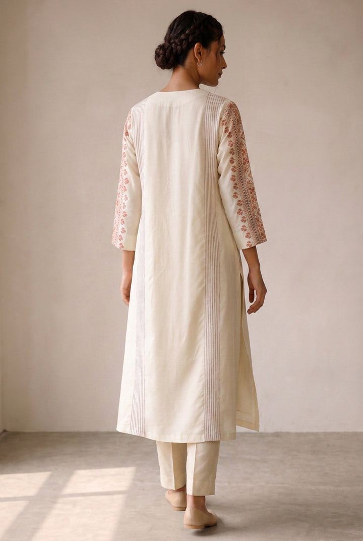Off White & Peach Embroidered Cotton Silk Kurta Set