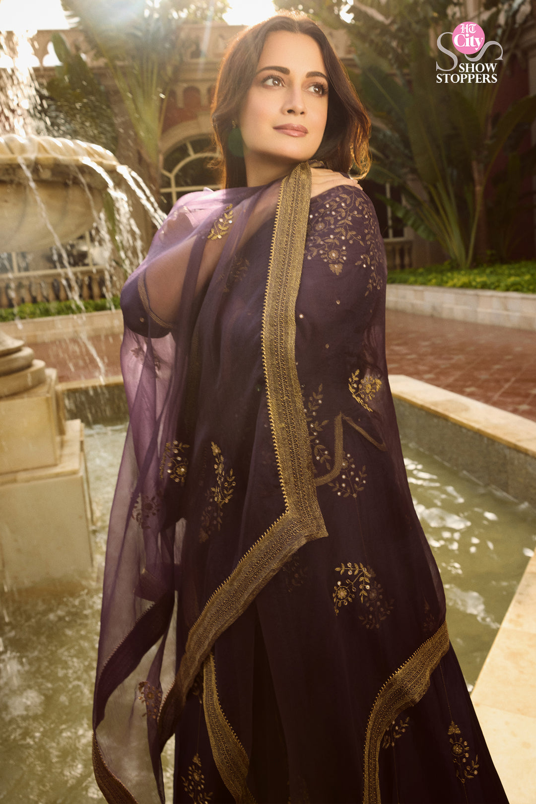 Dia Mirza in Purple Hand Embroidered Silk Lehenga Set with Kurti & Dupatta