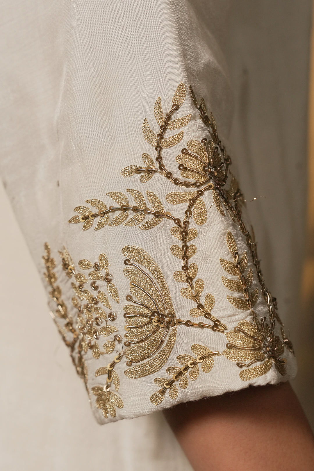Natural Hand Embroidered Cotton Silk Kurta with Pants and Organza Dupatta