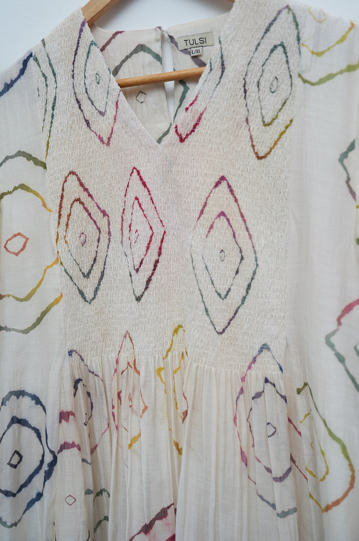 Cream Bandhani Chanderi Dress
