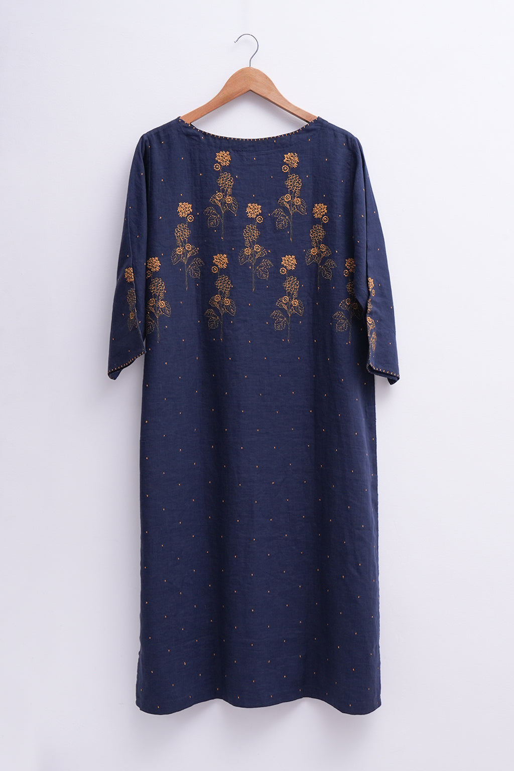 Navy Cotton Linen Embroidered Kurta