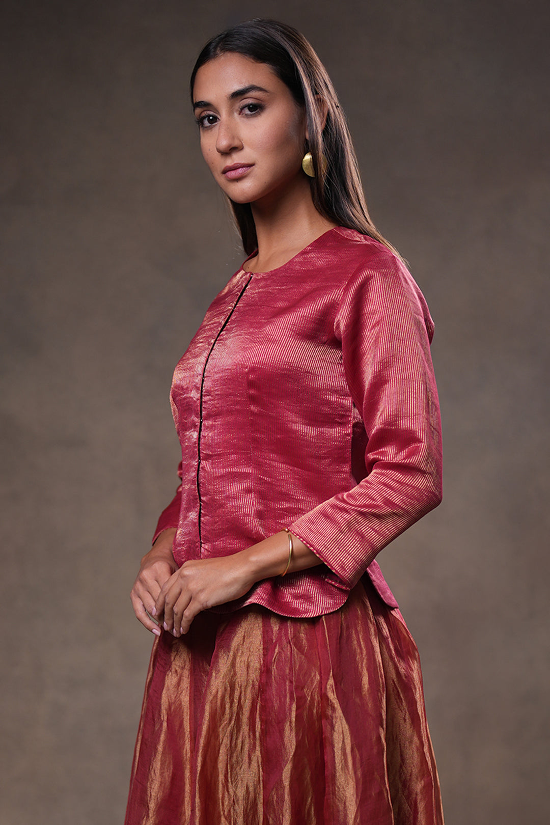 Maroon Stripe Tissue Blouse with Lehenga and Dupatta