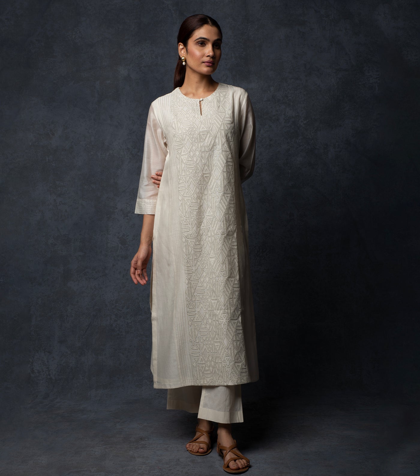 White Applique Cotton Silk Kurta & White Pants Set