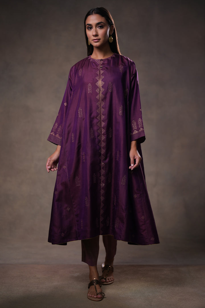 Purple Hand Embroidered Silk Cape with Tissue Slip and Pants