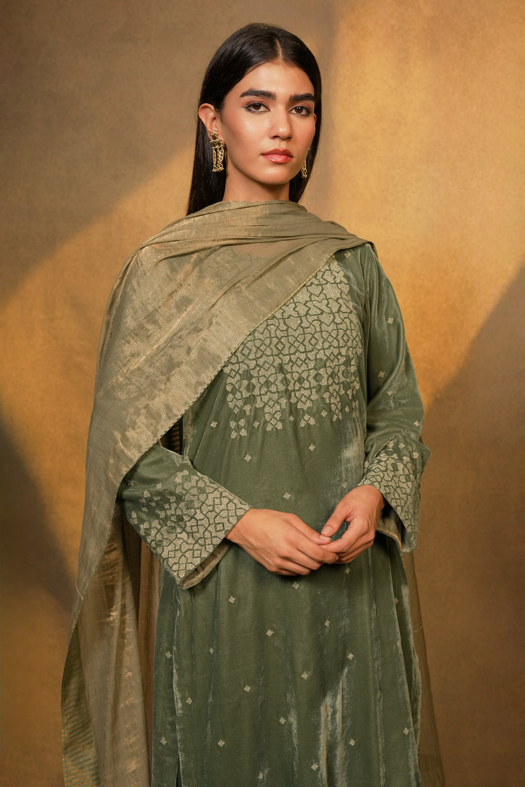 Green Velvet Kurta with Pants and Tissue Dupatta