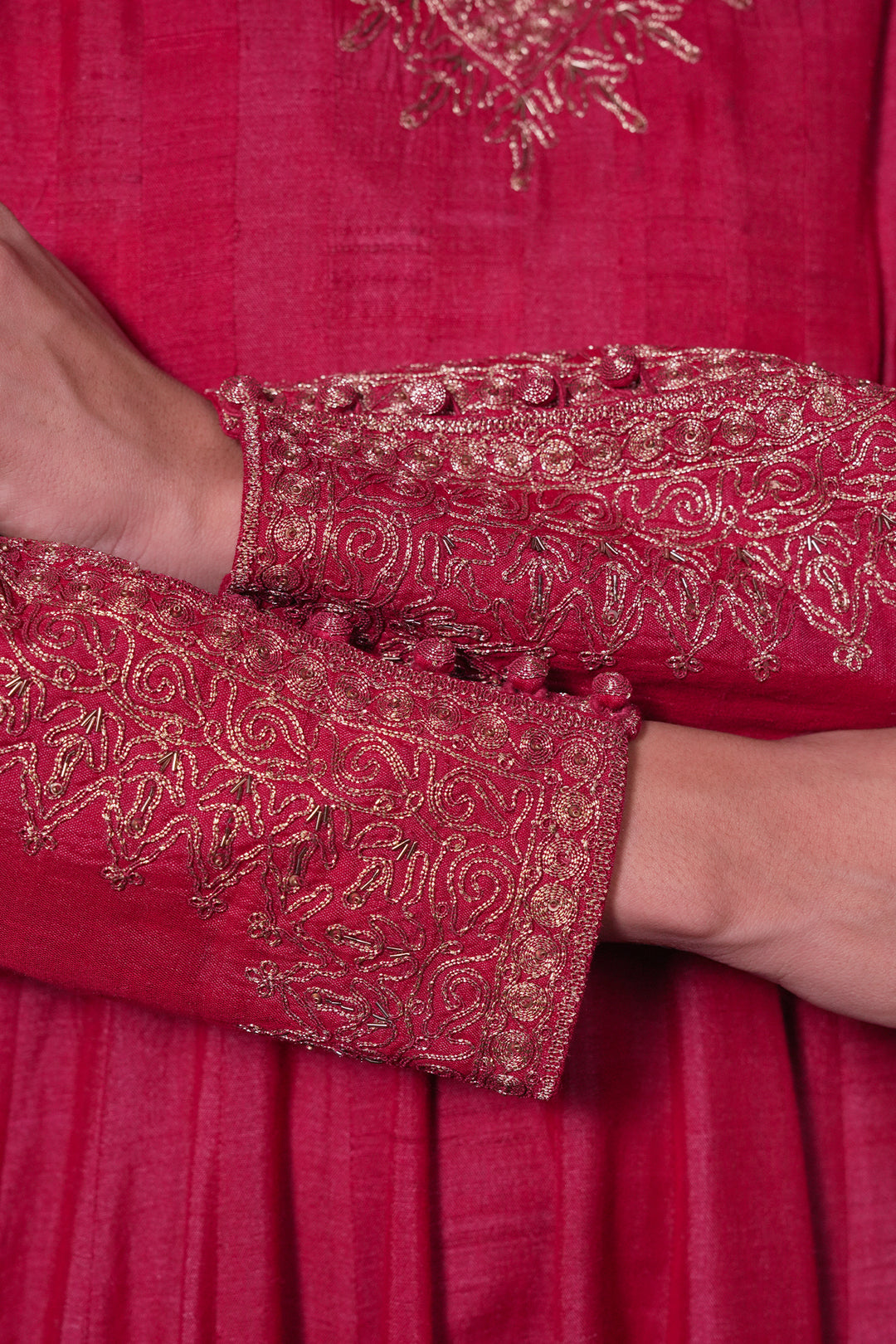 Hot Pink Hand Embroidered Tussar Silk Gown