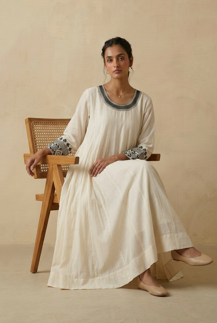 Off White & Black Embroidered Cotton Silk Kurta Set