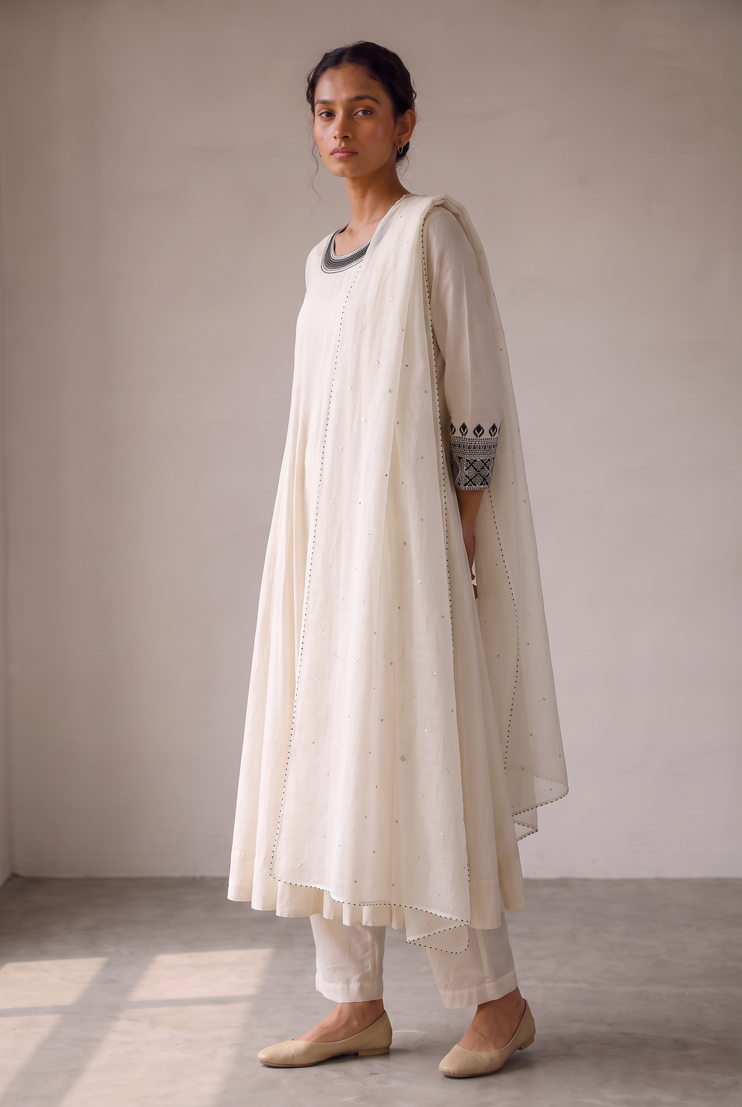 Off White & Black Embroidered Cotton Silk Kurta Set