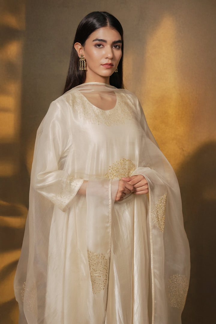 Natural Embroidered Organza Dupatta