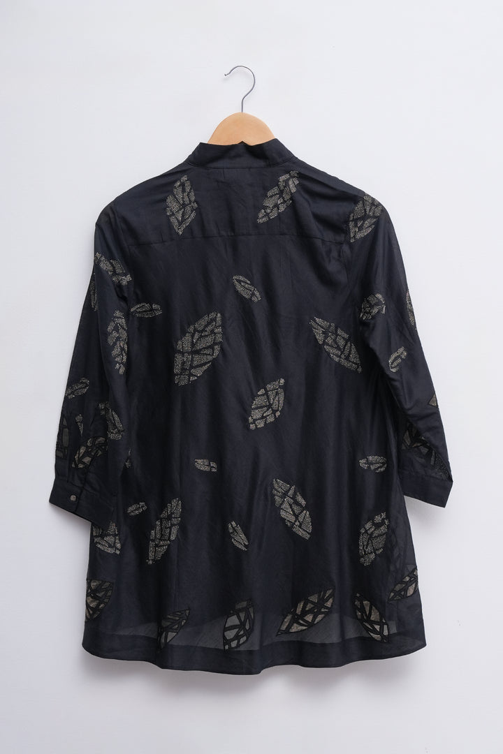 Black Cotton SIlk Embroidered Shirt