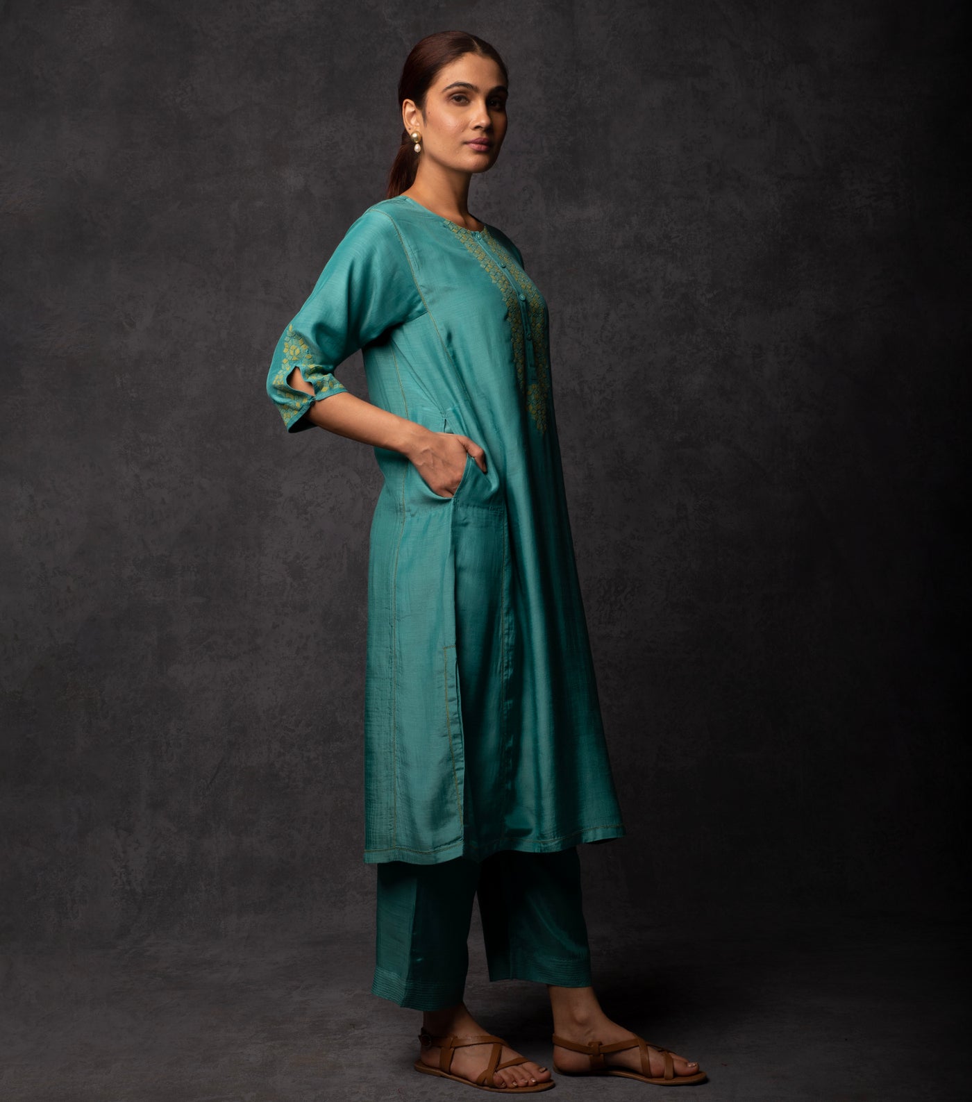Teal Blue Patch work Embroiderd Muslin Suit Set