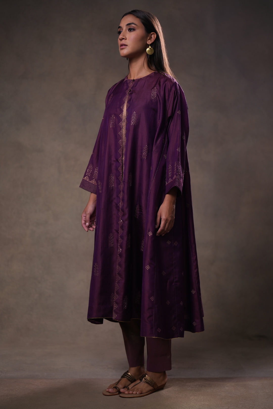 Purple Hand Embroidered Silk Cape with Tissue Slip and Pants