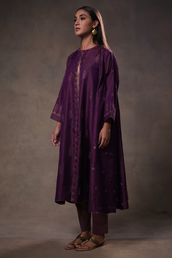 Purple Hand Embroidered Silk Cape with Tissue Slip and Pants