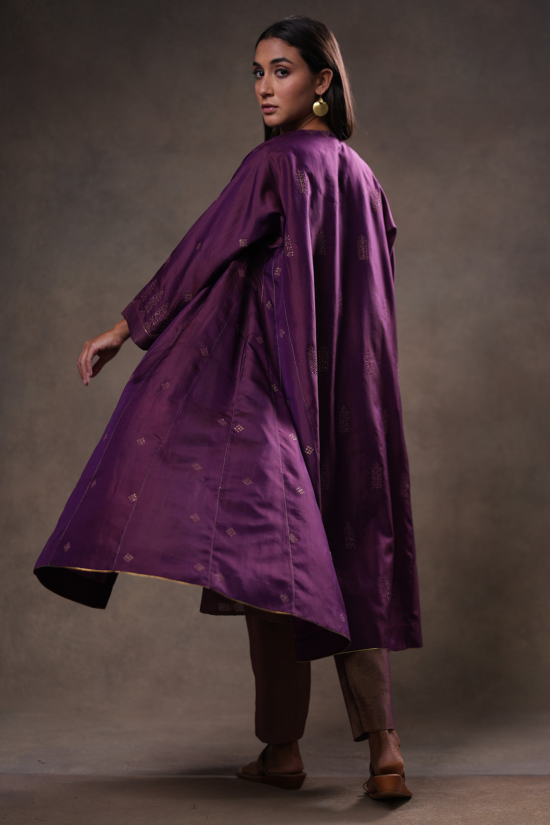Purple Hand Embroidered Silk Cape with Tissue Slip and Pants