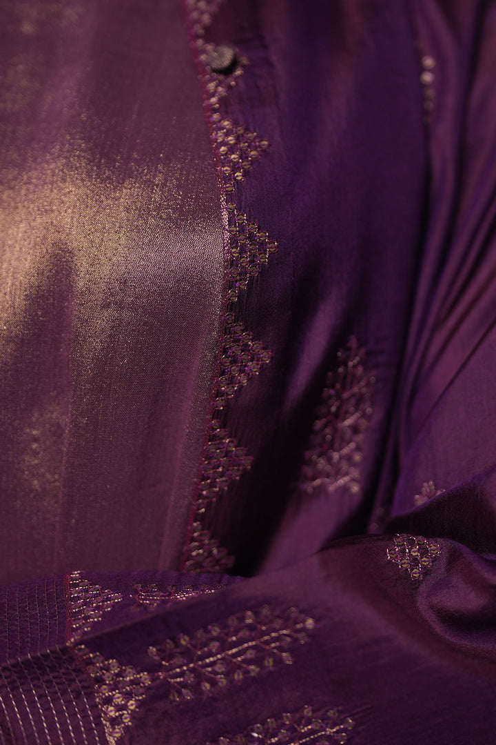Purple Hand Embroidered Silk Cape with Tissue Slip and Pants