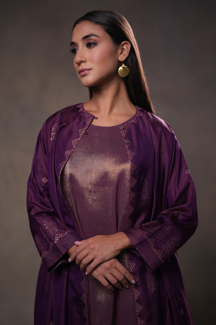 Purple Hand Embroidered Silk Cape with Tissue Slip and Pants