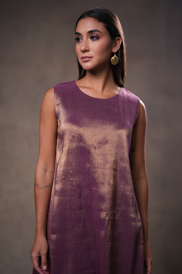 Purple Hand Embroidered Silk Cape with Tissue Slip and Pants