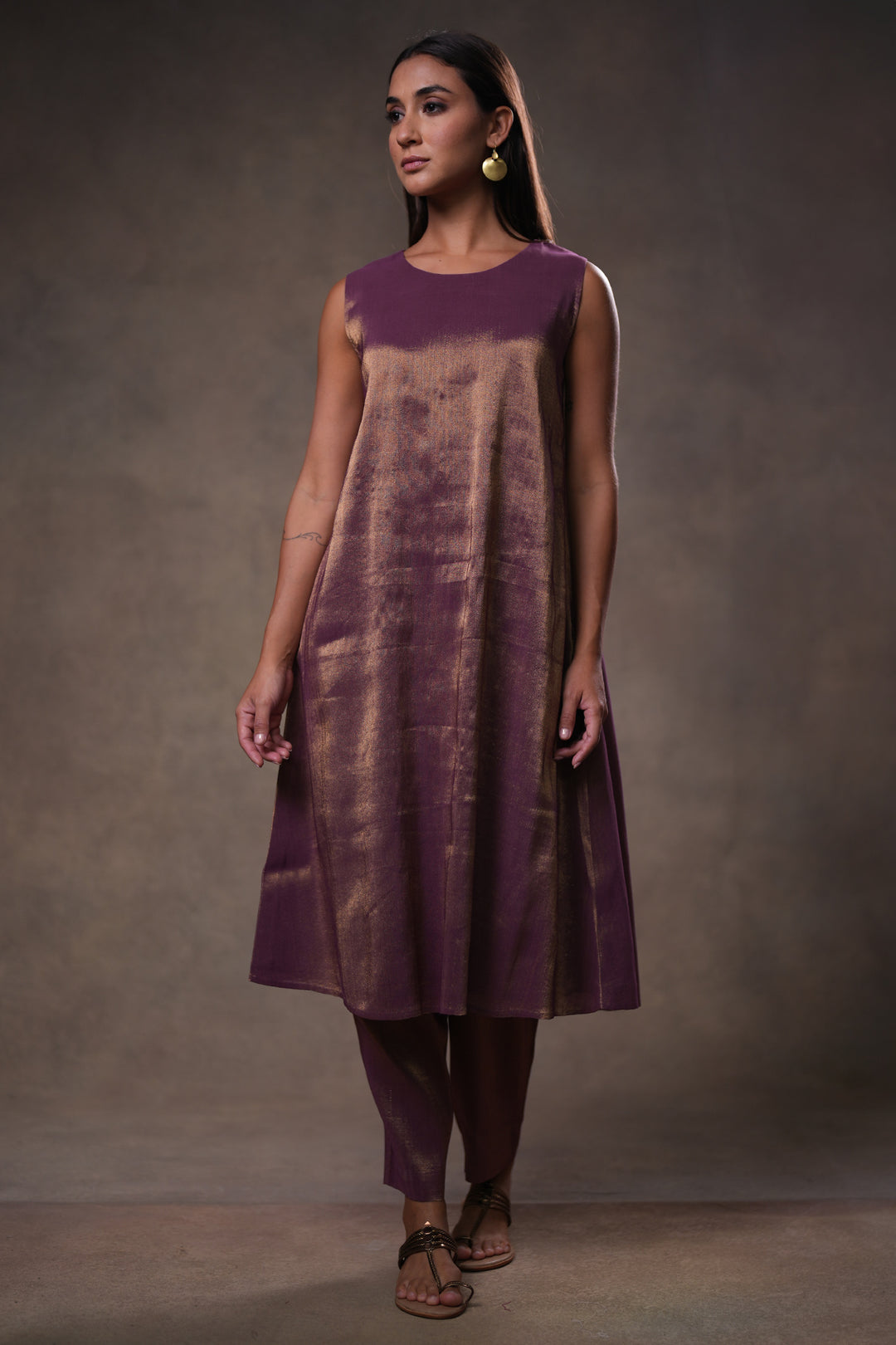Purple Hand Embroidered Silk Cape with Tissue Slip and Pants