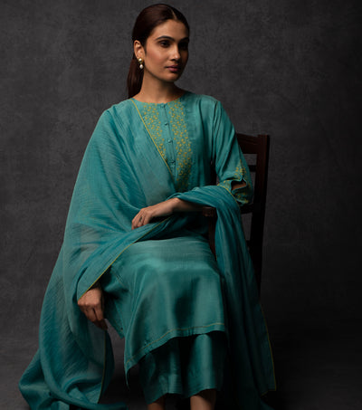 Teal Blue Patch work Embroiderd Muslin Suit Set