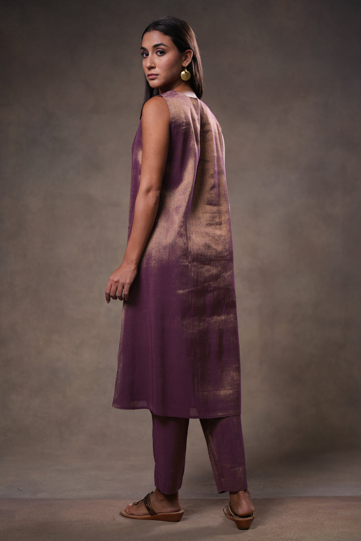 Purple Hand Embroidered Silk Cape with Tissue Slip and Pants