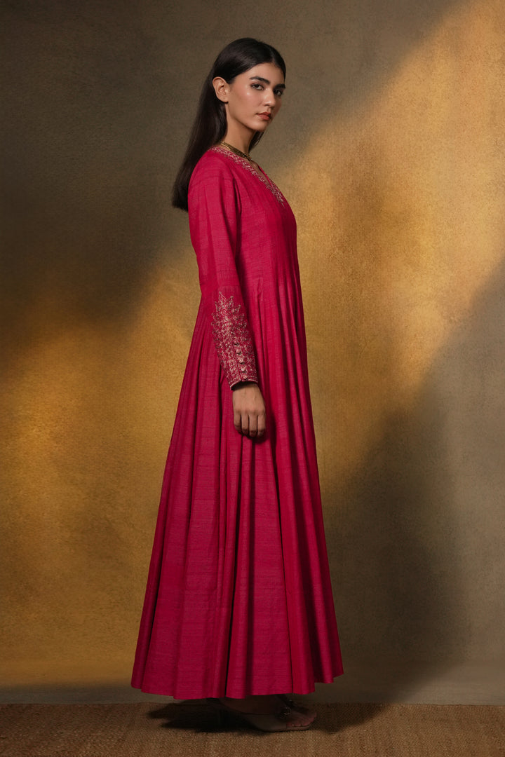 Hot Pink Hand Embroidered Tussar Silk Gown