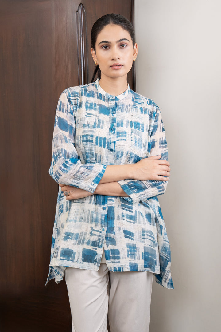Blue and Cream Abstract Print Chanderi Oversized Shirt