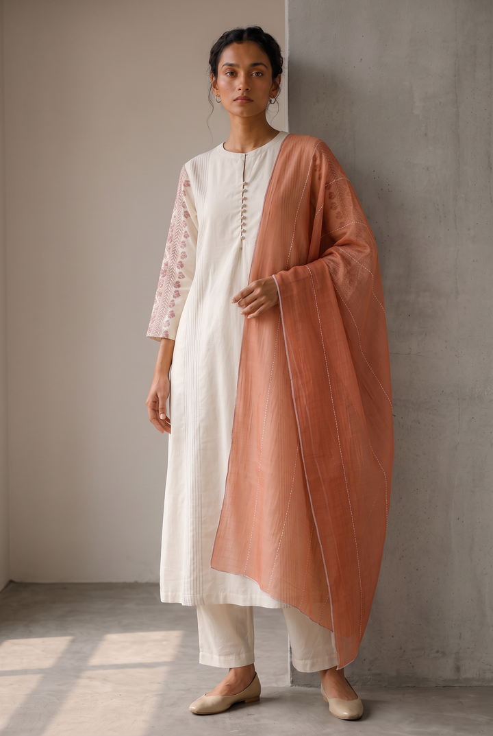 Off White & Peach Embroidered Cotton Silk Kurta Set