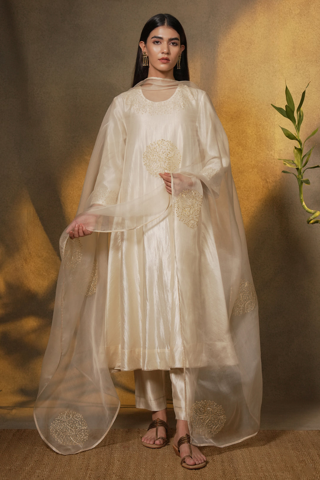 Natural Embroidered Organza Dupatta