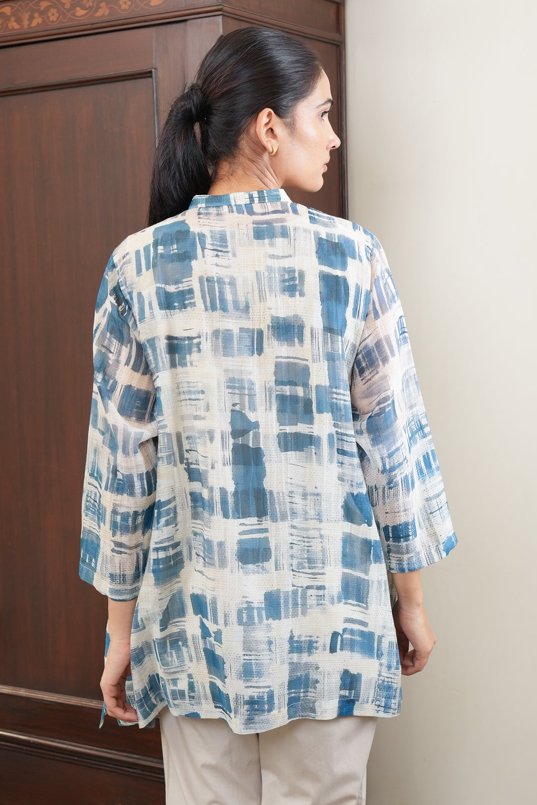 Blue and Cream Abstract Print Chanderi Oversized Shirt