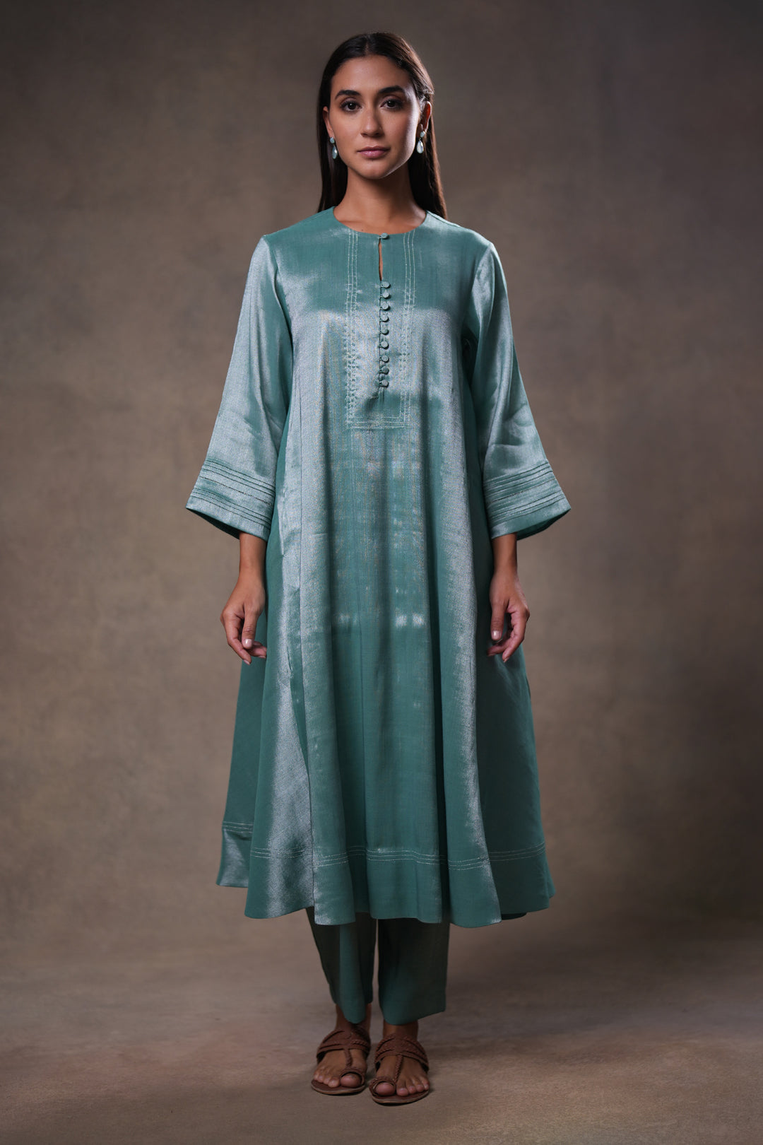Teal Green Zari Embroidered Tissue Kurta with Pants and Dupatta