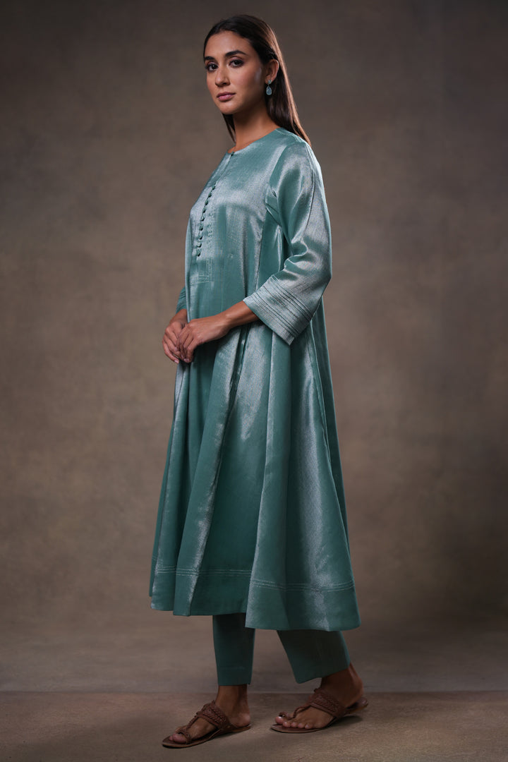Teal Green Zari Embroidered Tissue Kurta with Pants and Dupatta