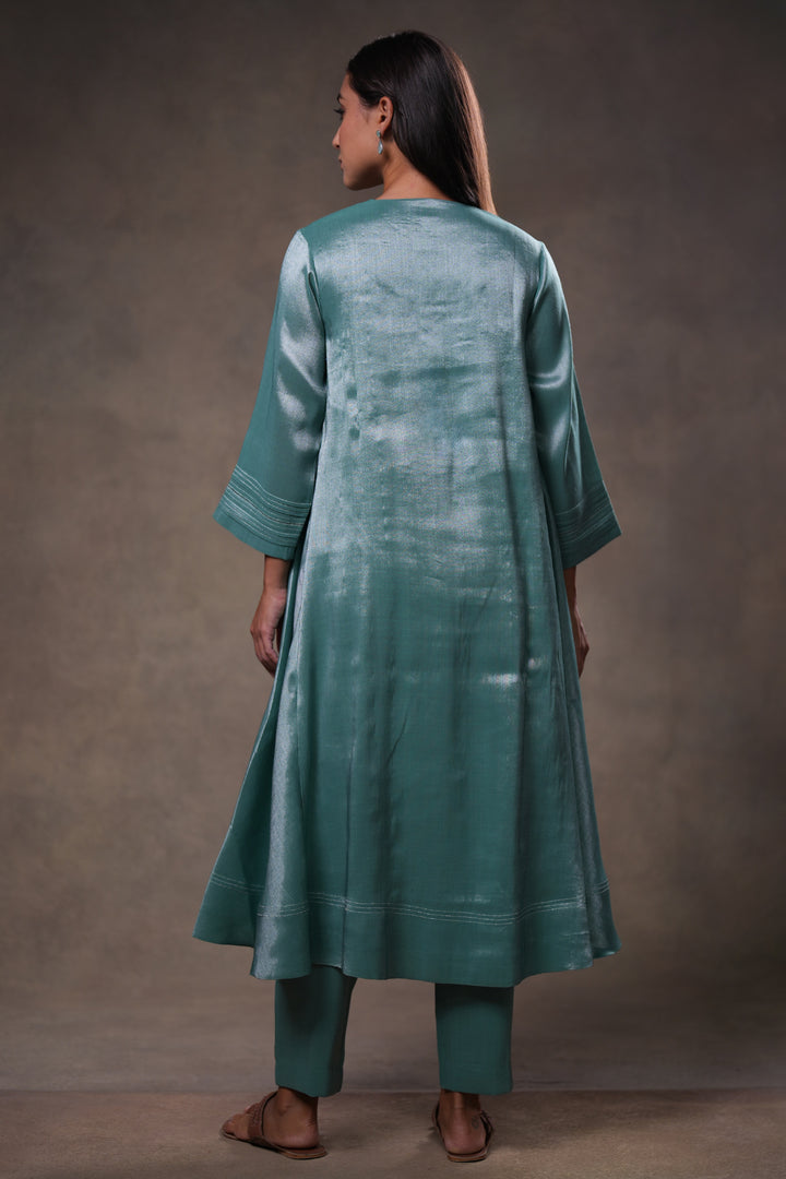 Teal Green Zari Embroidered Tissue Kurta with Pants and Dupatta