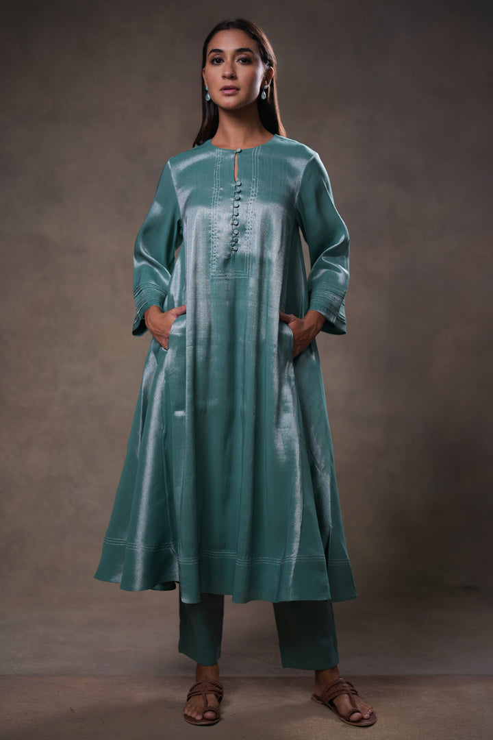 Teal Green Zari Embroidered Tissue Kurta with Pants and Dupatta