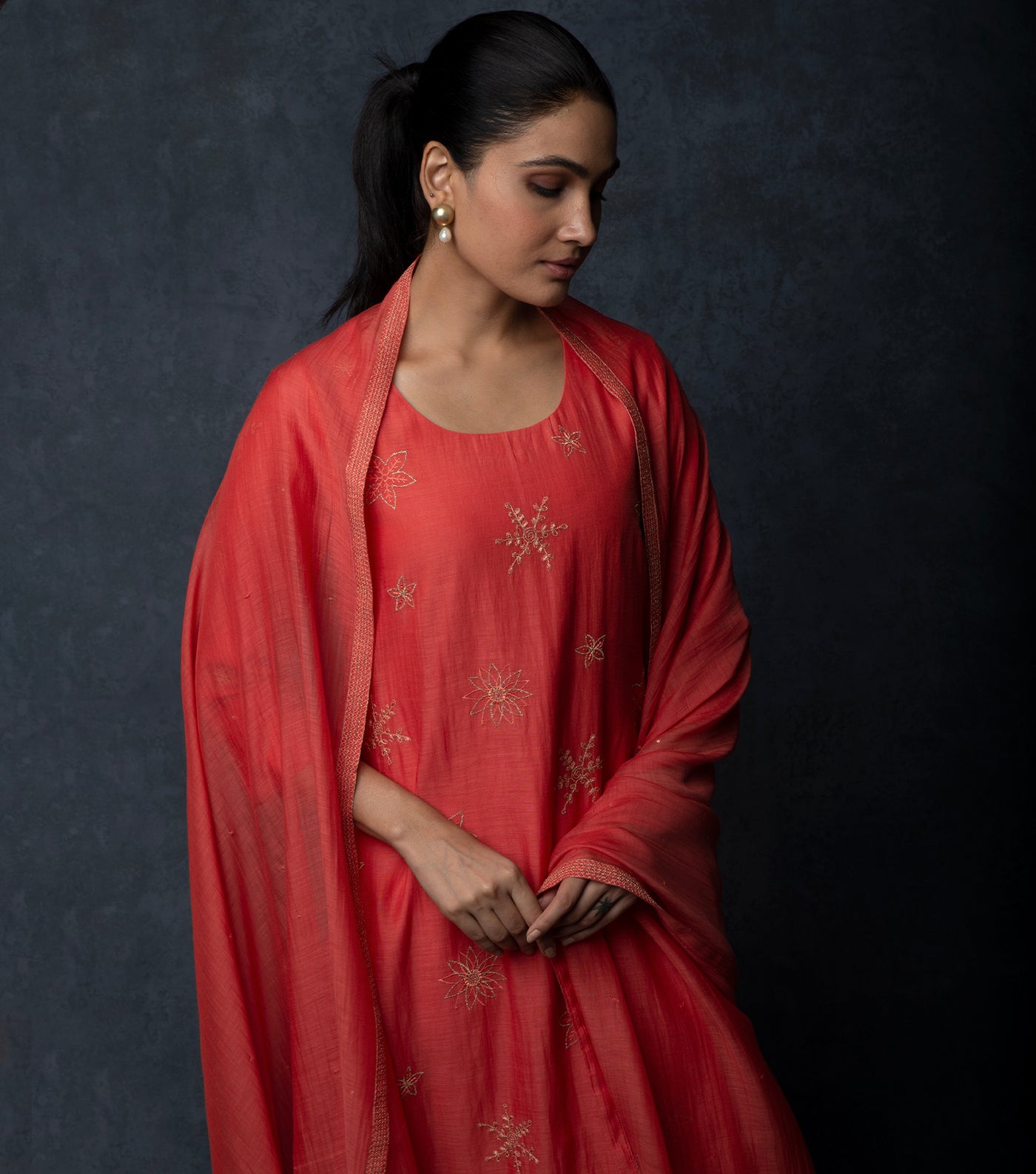 Deep Coral Embroidered Chanderi Suit Set