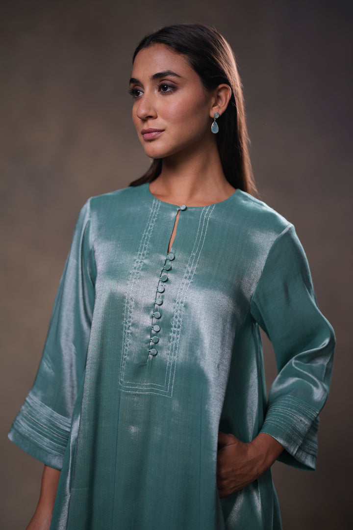 Teal Green Zari Embroidered Tissue Kurta with Pants and Dupatta