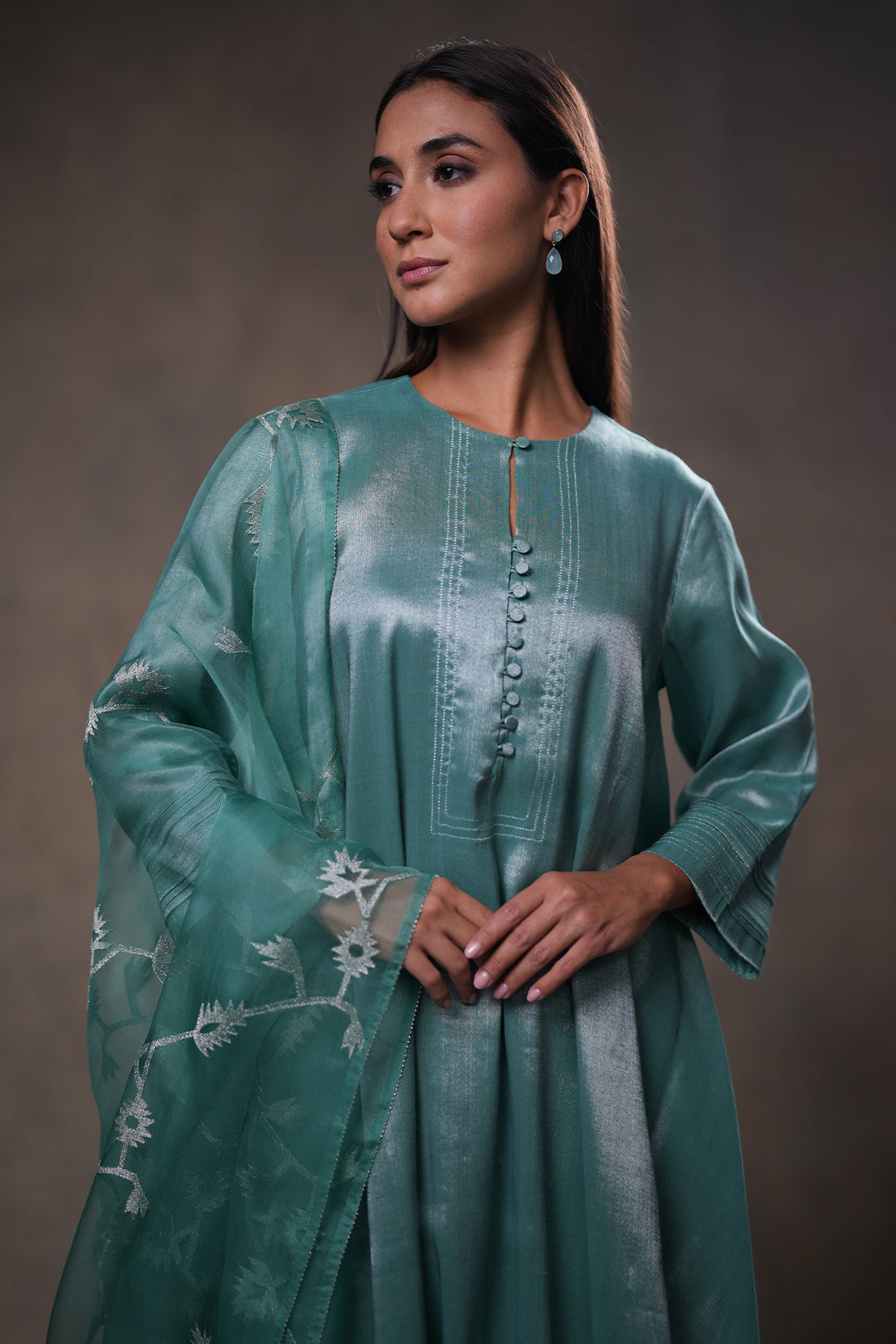 Teal Green Hand Embroidered Organza Dupatta