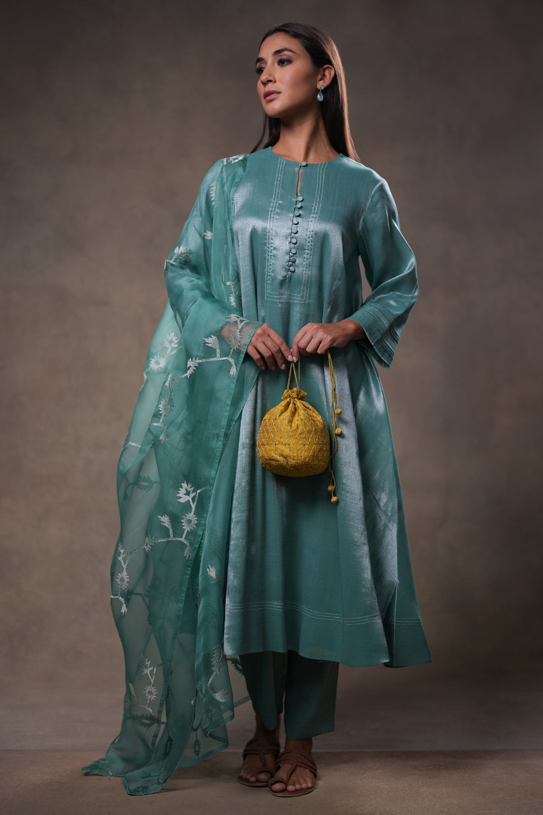 Teal Green Hand Embroidered Organza Dupatta